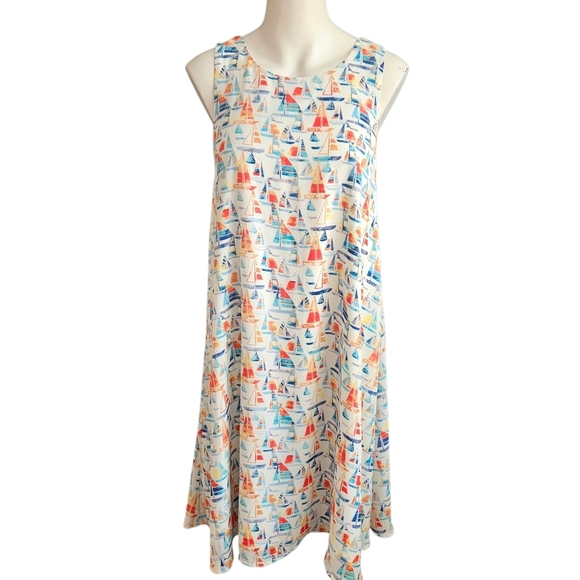 Hatley Dress Medium Multicolor Sleeveless Sailboat Print Tie Back Lined Coastal - Picture 1 of 8